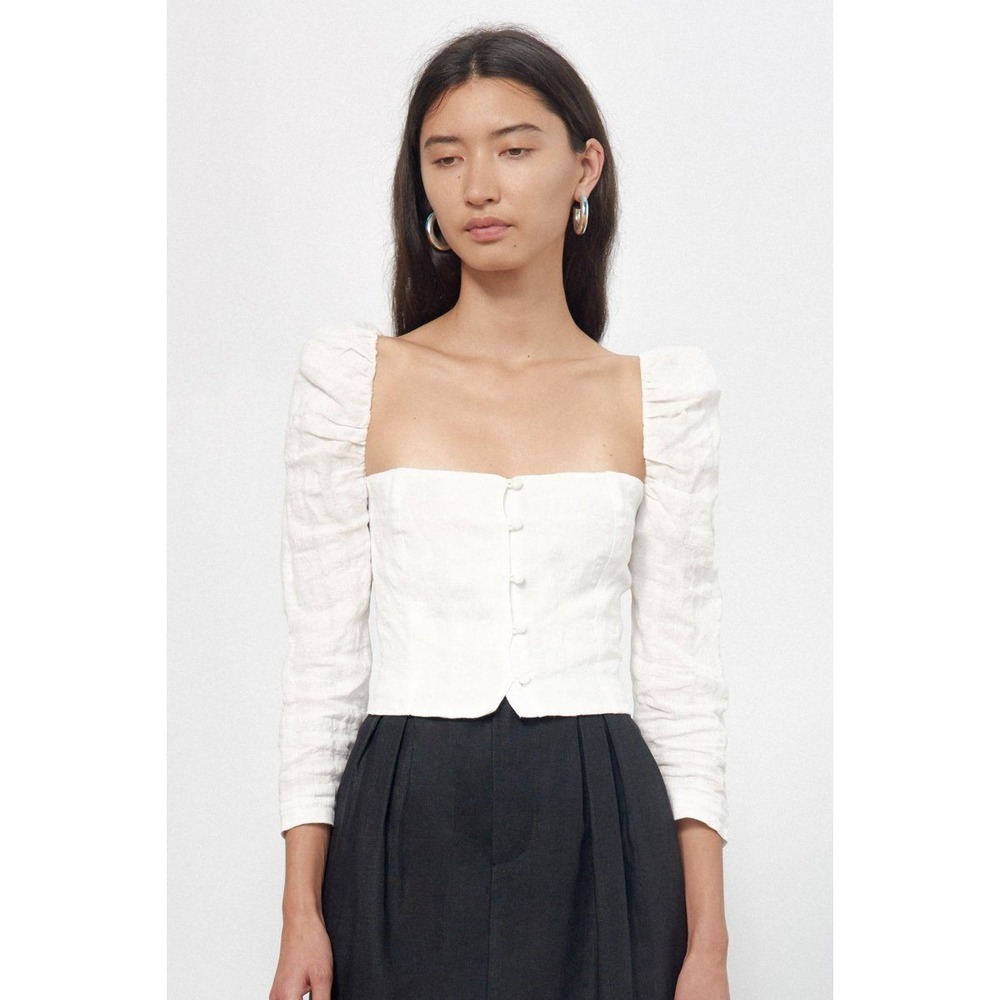 Mara Hoffman White Organic Linen Cotton Puff Sleeve Button Front Crop Top Size 2